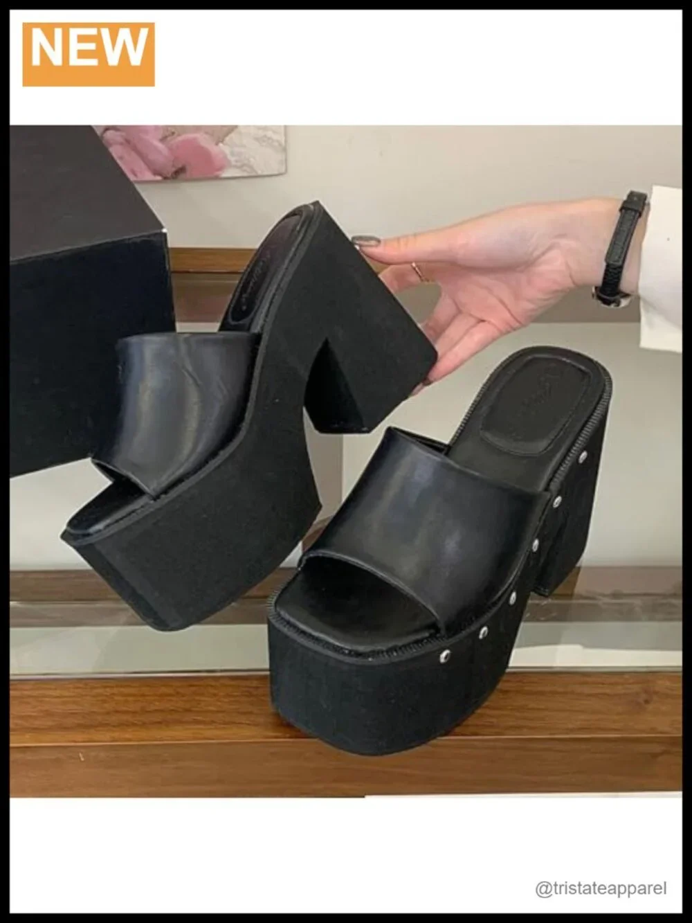 PU Platform Chunky Studded Square Toe Slip-On Block Heel Slides Sandals